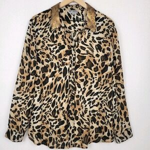 JM Collection Leopard Print Blouse Women's Plus 18 Gold Collar Button Front Glam